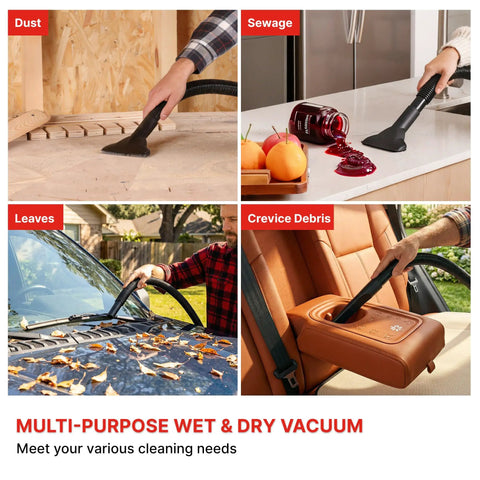 Compact Wet Dry Vacuum With 2 Point Zero Peak Hp Motor And 1 Point Five Gallon Bucket used for cleaning dust, spills, leaves, and crevices.