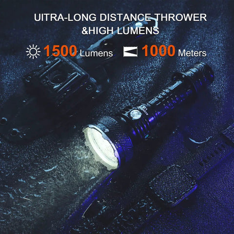 1500 Lumen USB Rechargeable Tactical Flashlight With 1000 Meter Beam for outdoor missions in wet conditions