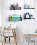 8 Pack Pegboard Baskets And Racks Set Square Style Wire Shelf Baskets installed on white pegboard in home office.