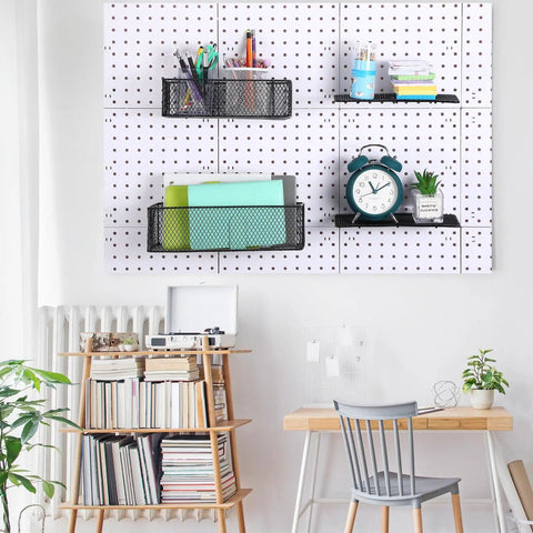 8 Pack Pegboard Baskets And Racks Set Square Style Wire Shelf Baskets installed on white pegboard in home office.
