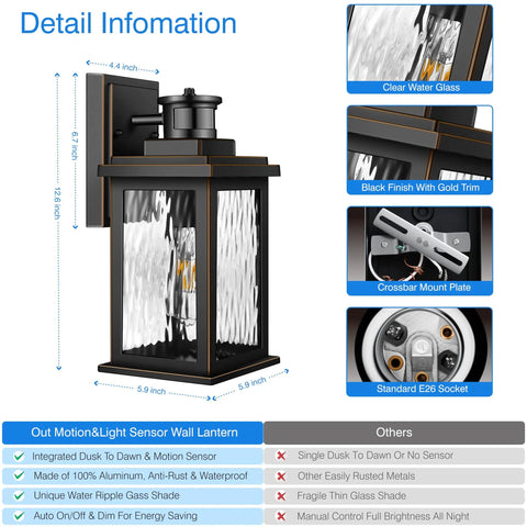 Motion Sensor Outdoor Wall Lights With Dusk To Dawn Sensor PIR Technology Anti Rust Aluminum Waterproof Porch Lanterns Black Exterior Sconce with water glass close-up and dimensions
