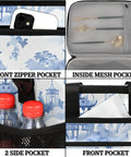 Insulated Picnic Backpack With Ample 12x8.7x10 Inch Capacity, showing front zipper pocket, inside mesh pocket, and side pocket with bottles.