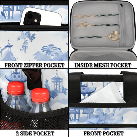 Insulated Picnic Backpack With Ample 12x8.7x10 Inch Capacity, showing front zipper pocket, inside mesh pocket, and side pocket with bottles.