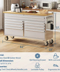 Side view of Big Ol 61 Inch Mobile Tool Chest With 15 Drawers And 18 Inch Deep Wood Top Lockable Rolling Metal Storage Cabinet in a kitchen.