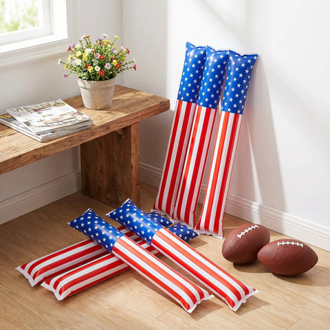 120 Pcs Inflatable Thunder Sticks for Parties and Games Red White and Blue USA Flag Boom Sticks next to footballs indoors