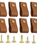 8 Pieces Leather Drawer Pulls Set With Brushed Gold Knobs For Cabinets And Furniture Dark Brown, Soft Handles and Screws