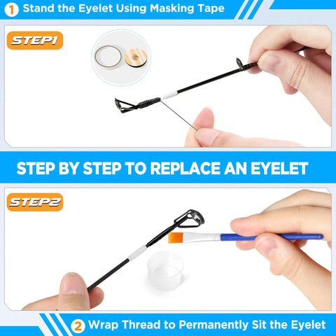 All In One Fishing Pole Repair Kit With Epoxy Glue And Carbon Fiber Tips instructions for replacing top eyelets using thread and glue