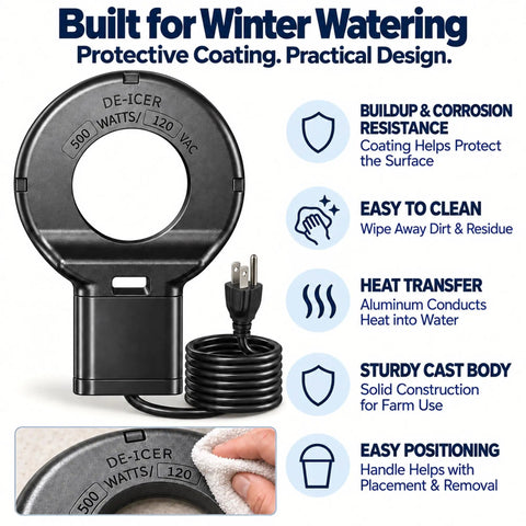 Heavy Duty Chicken Water Heater With Smart Thermostat For Livestock Troughs Submersible 500W Cast Aluminum Deicer close-up of design features.