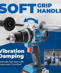 20V Brushless Hammer Drill Kit With 4Ah Battery, One Half Inch Keyless Metal Chuck, front view showing soft grip handle