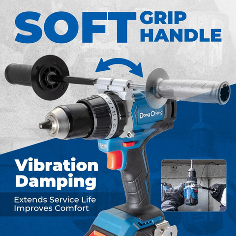 20V Brushless Hammer Drill Kit With 4Ah Battery, One Half Inch Keyless Metal Chuck, front view showing soft grip handle