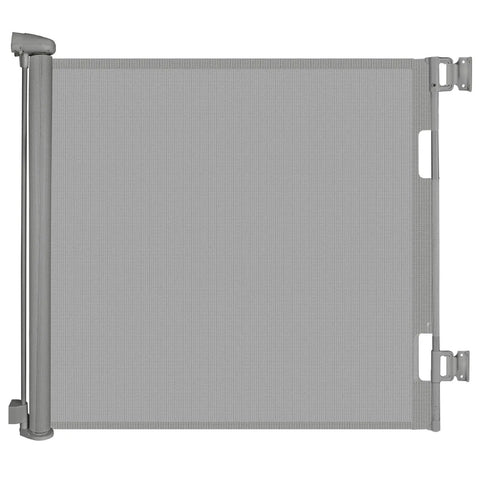 Retractable Baby Gate With One Way Lock Mesh shown extended, Tall 34 Inch Safety Gate for indoor outdoor stairs doorways halls use