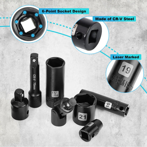 50 Piece 3/8 Inch Drive Socket Set With Both SAE And Metric, 6 Point Deep And Shallow Sockets, Heavy Duty 5/16 To 3/4 Inch And 8 To 22mm, Includes Extension Bars, Universal Joint, Adapter, And CrV Steel Construction