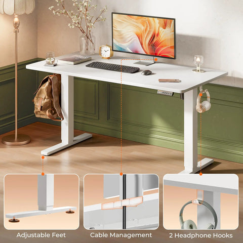Massive 55 Inch Electric Standing Desk White Huge Gaming Computer Table Height Adjustable Stand Up Workstation with hooks and adjustable feet.