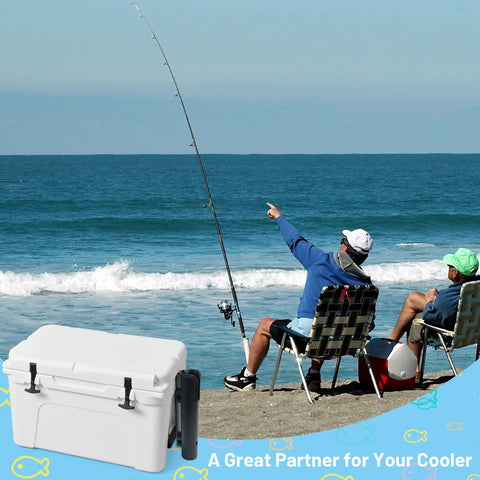 Beach scene with two people fishing, featuring a Wall Mounted Cooler Fishing Rod Holder For YETI And RTIC on a white cooler.