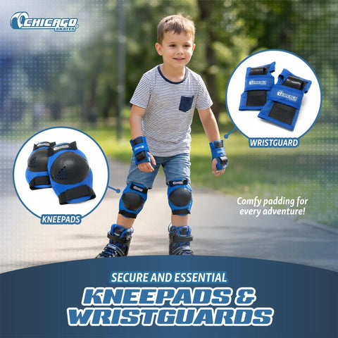 Boy wearing Beginner Inline Training Roller Skates For Kids With Totally Safe Protective Gear Set, including knee and wrist pads.
