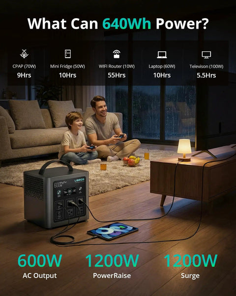 Portable Power Station C600 600W Solar Generator With 640Wh LiFePO4 Battery powering devices in a living room