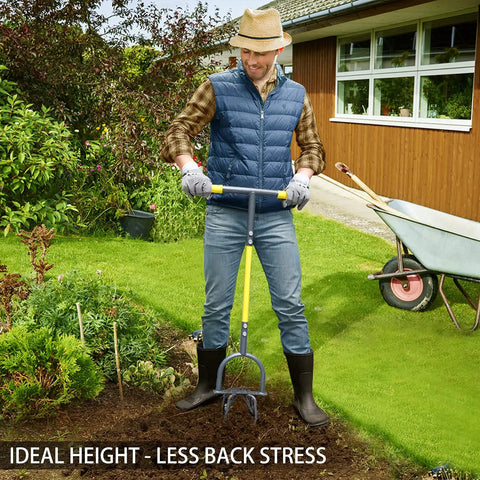 Man using Manual Garden Tiller And Cultivator with Heavy Duty Garden Claw in lawn, showcasing anti-slip foot plate and ergonomic twist handle.