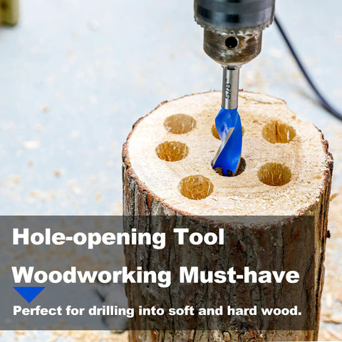 Six Piece Wood Auger Drill Bit Set For Woodworking And DIY, Sizes 1/2 In, 5/8 In, 3/4 In, 7/8 In, 1 In And 1-1/8 In, 4 Inch Long Bits With 1/4 Inch Quick Change Hex Shank, Made From 1045 High Carbon Steel For Durability. Drilling into wood log with blue auger bit.
