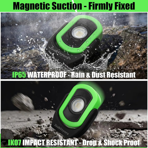 Three Pack 780 Lumen Magnetic USB Rechargeable LED Work Light for Car Repair and Workshop, shown with water and impact resistance features