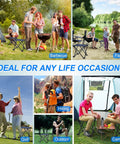People using lightweight folding camping stool portable chair mini foldable seat for adults at various outdoor events.
