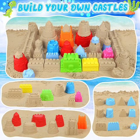 Collapsible Beach Toys Set For Kids And Toddlers 32 Piece Sandbox Kit castle molds shown on sand