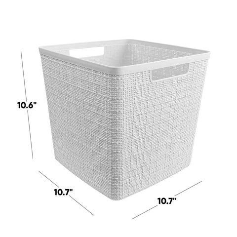 Set Of 4 Large Cube Storage Baskets With 17L Capacity, Jute Look Resin Bins For Easy Home Organization, White, dimensions labeled