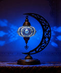 Dope Moon Shaped Mosaic Table Lamp With Turkish Glass Handmade Moroccan Boho Vintage Stained Glass Desk Lamp illuminated in dark room
