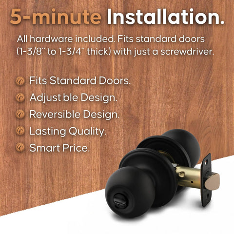 Close-up of Privacy Interior Door Knob Set Matte Black Reversible for Bedroom and Bathroom against wood background with features listed.