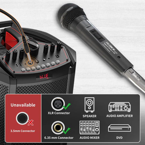 Wired Dynamic Microphone For Singing With On Off Switch, Cardioid Studio Mic next to audio equipment and connection guide.
