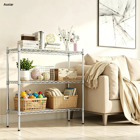 Three-Tier Heavy-Duty Chrome Wire Shelving Rack With Adjustable Shelves Space-Saving Storage Unit Holds Up To 250 Lbs Per Shelf 750 Lbs Total Rust-Resistant Waterproof Easy Assembly For Garage Kitchen Laundry in living room with books and baskets