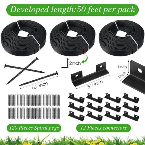No Dig Landscape Edging Kit With Three 50 Ft Rolls, 120 Spikes, And 12 Connectors For Lawn, Driveway, Flower Beds And Play Areas, Mulch Barrier To Keep Grass In Place, 2 Inch Wide Edging, Black.