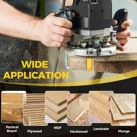 Hands using router with 4 Piece Flush Trim Router Bit Set With One Quarter Inch Shank Bearing for wood surfaces.