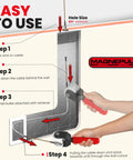 XP1000-LC Magnetic Wire Puller With Flexible Steel Leader being used to guide cable through wall cutout, showing step-by-step instructions.