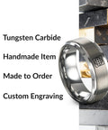 Straight Fly Tungsten Carbide Ring With Latitude Longitude Grid Map Design shown with custom engraving on a textured background.