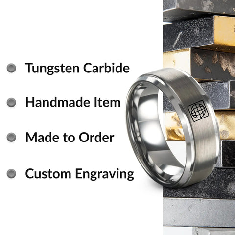 Straight Fly Tungsten Carbide Ring With Latitude Longitude Grid Map Design shown with custom engraving on a textured background.
