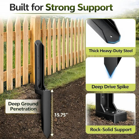 Built Different Heavy Duty Steel Fence Post Anchors And Ground Spikes Repair Kit No Sweat Setup Fixes Leaning Wood Posts With Rust Resistant Black Powder Coating For Durable Yard Care 8 Pack showing thick steel anchor with deep drive spike.