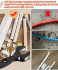Ratcheting tubing cutter with black handle shown beside white PVC pipe sections and fittings.