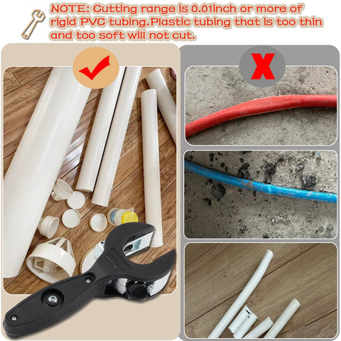 Ratcheting tubing cutter with black handle shown beside white PVC pipe sections and fittings.