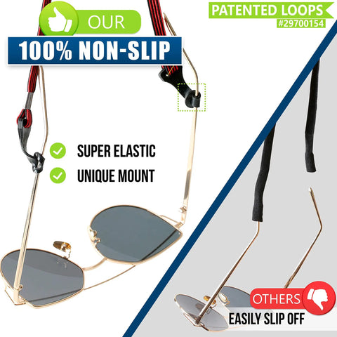Glasses Strap For Men And Women Non Slip Clip Eyeglass Holder Around Neck Retainer Cord Lanyard Sports Sunglasses Strap Universal Fit shown with gold sunglasses