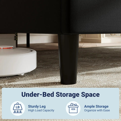 Queen Platform Bed Frame With Adjustable Velvet Headboard And Ultra Comfy Upholstery For Your Chilled Bedroom Sanctuary showing sturdy leg and under-bed storage.