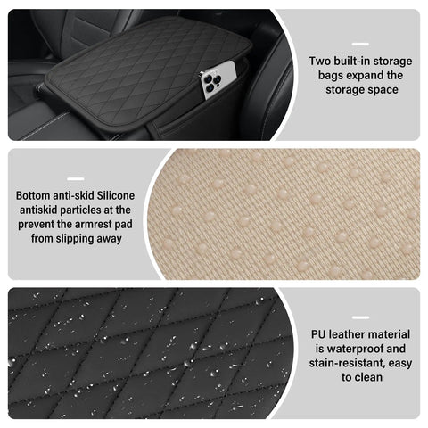 Center Console Armrest Cushion With Leather Look Upgraded Comfort Pad Featuring Two Storage Pockets Universal Waterproof Non Slip Car Interior Accessory For Most Sedans SUVs Trucks Black with text highlighting features