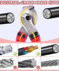 Professional Heavy Duty Cable Cutters 14 Inch Wire Snips Built Like A Tank Using Premium Chrome Vanadium Steel Cuts Thick Copper And Aluminum Core Cables No Sweat Required Bright Red Finish with illustrated wire types.