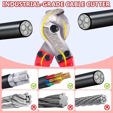 Professional Heavy Duty Cable Cutters 14 Inch Wire Snips Built Like A Tank Using Premium Chrome Vanadium Steel Cuts Thick Copper And Aluminum Core Cables No Sweat Required Bright Red Finish with illustrated wire types.