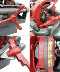 Heavy Duty Electric Pipe Threader For Half To Two Inch Npt Metal Pipes Comes With Tough As Nails Cast Iron Dies And A Built In Self Oiling System Powered By An All Copper Motor That Gets The Job Done Without A Hassle close-up of threading machine handle and dies
