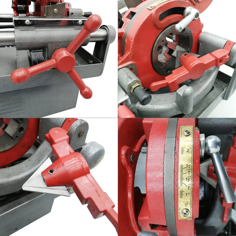 Heavy Duty Electric Pipe Threader For Half To Two Inch Npt Metal Pipes Comes With Tough As Nails Cast Iron Dies And A Built In Self Oiling System Powered By An All Copper Motor That Gets The Job Done Without A Hassle close-up of threading machine handle and dies
