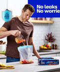 Man pouring marinade into 2 Gallon Storage Bags With Double Zipper Seal 60 Count Thick Resealable BPA Free Plastic Food Storage Bags.