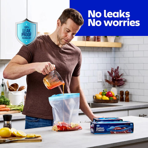 Man pouring marinade into 2 Gallon Storage Bags With Double Zipper Seal 60 Count Thick Resealable BPA Free Plastic Food Storage Bags.