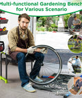 Man using 10.8 Inch Wide Garden Kneeler And Seat With Heavy Duty Foldable Stool Tool Belt Pouch Thickened Kneeling Pad Portable Garden Bench Chair For Seniors And Parents Grippy Handles For Easy Flipping And Getting Up while repairing a bicycle, with scenes of gardening, fishing, and carrying upstairs.