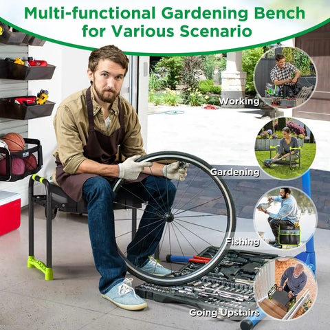 Man using 10.8 Inch Wide Garden Kneeler And Seat With Heavy Duty Foldable Stool Tool Belt Pouch Thickened Kneeling Pad Portable Garden Bench Chair For Seniors And Parents Grippy Handles For Easy Flipping And Getting Up while repairing a bicycle, with scenes of gardening, fishing, and carrying upstairs.