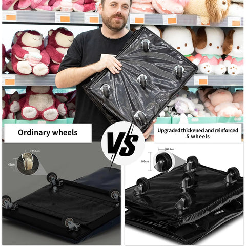 Man holding Large Black Reusable Grocery Bag On Wheels Foldable Rolling Tote with zipper, showcasing upgraded five-wheel system.